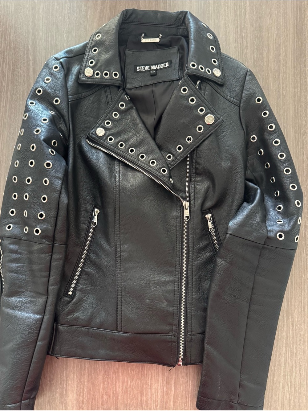 Steve Madden Black Faux-Leather Grommet Moto Jacket
